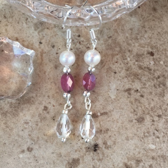 Real pearl Ruby Stone Sterling Silver Genuine pearls SS 925 earrings - Picture 3 of 16